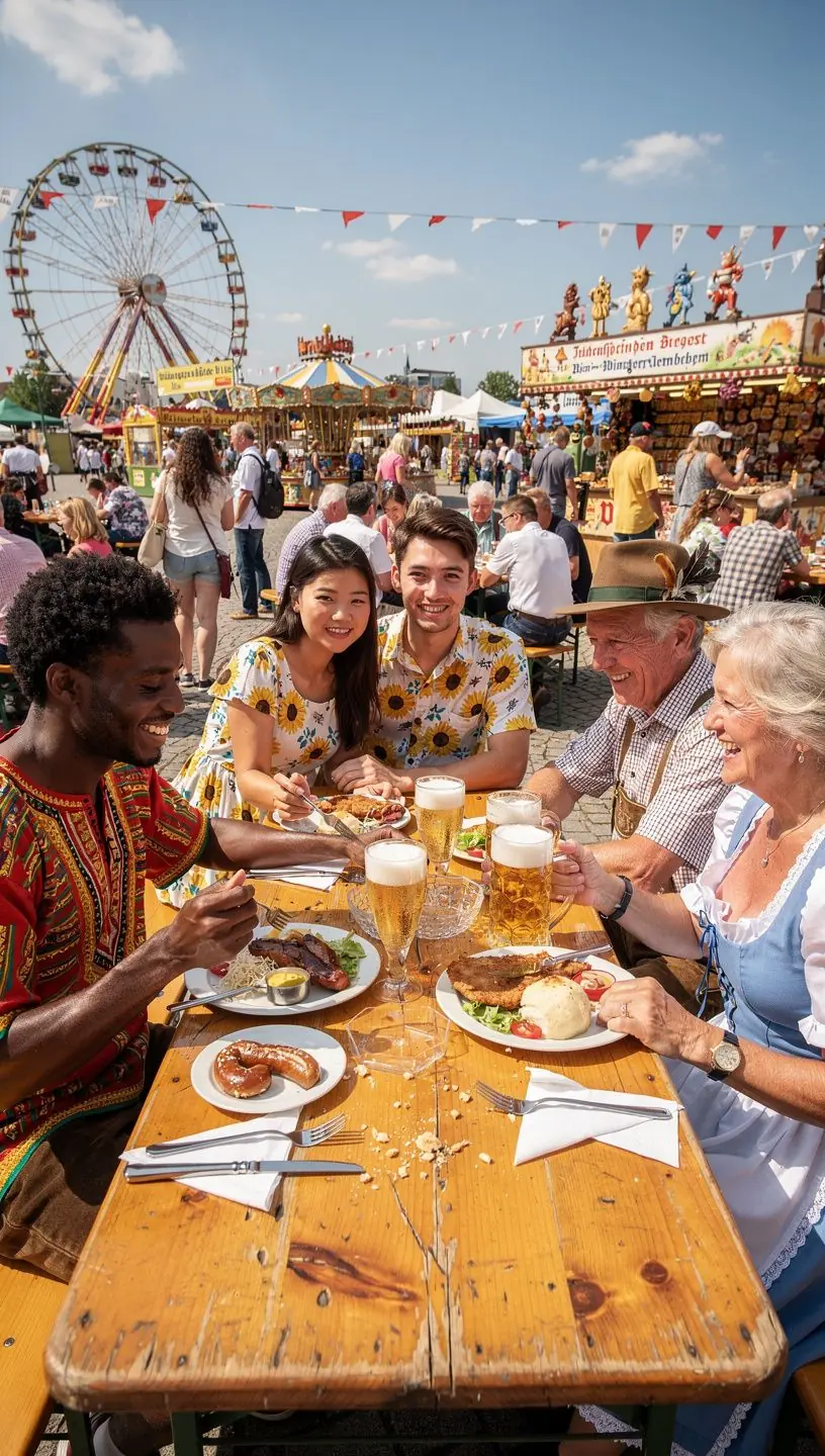 Karte von Deutschland mit markierten kulturellen Festivals und empfohlenen Unterkünften für Reisende.
