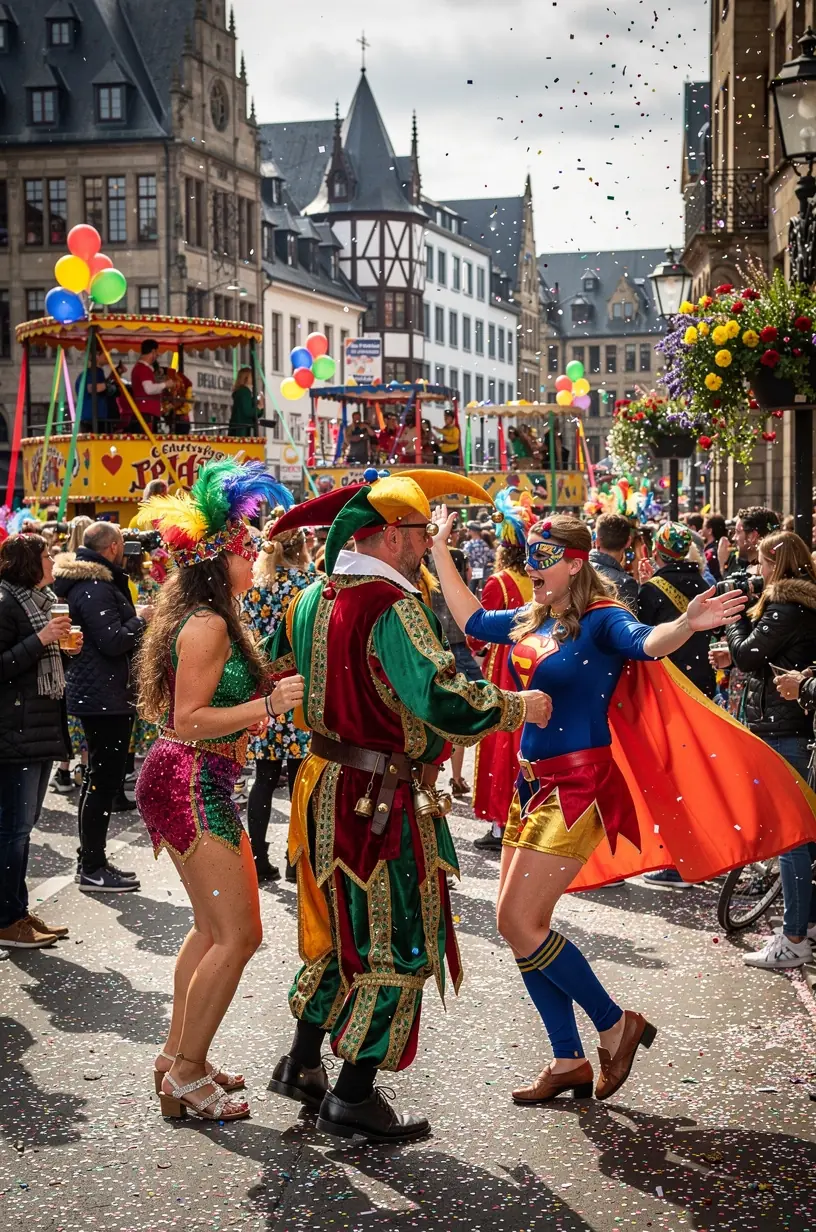 Blick auf ein lebendiges Straßenfest in Deutschland mit Essensständen und traditionellen Tänzen.