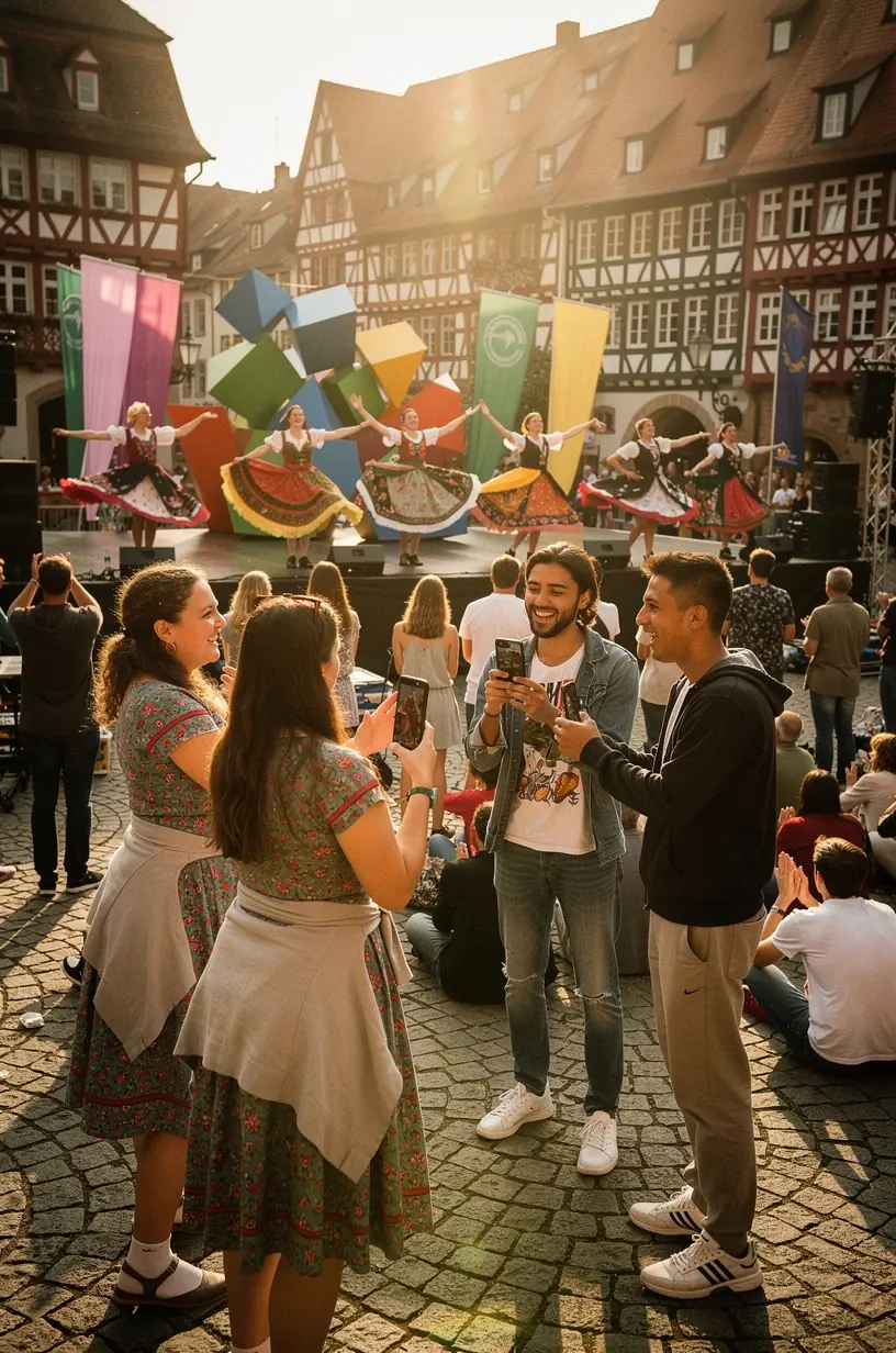 Eine Gruppe von Touristen erhält ihre Festival-Tickets und Unterkunftspässe an einem Reisebüro-Schalter.